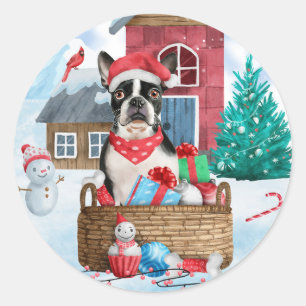 Boston Terrier Dog im Schnee Weihnachtshundehaus Runder Aufkleber