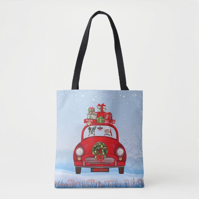 Boston Terrier Dog in Auto mit dem Weihnachtsmann (Vorderseite)