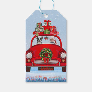 Boston Terrier Dog in Auto mit dem Weihnachtsmann Geschenkanhänger