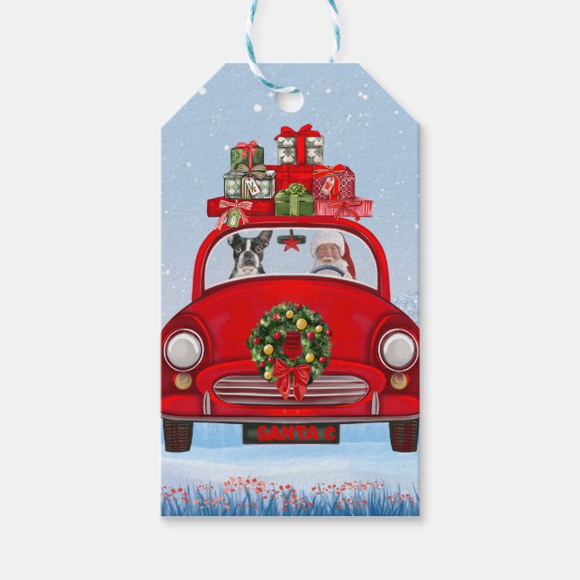 Boston Terrier Dog in Auto mit dem Weihnachtsmann Geschenkanhänger (Vorderseite)