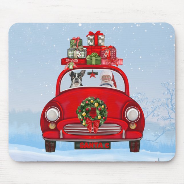 Boston Terrier Dog in Auto mit dem Weihnachtsmann Mousepad (Vorne)