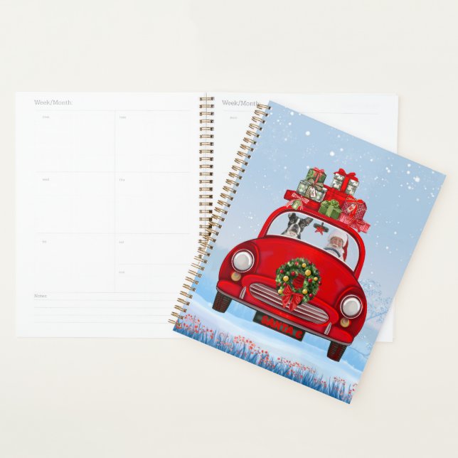 Boston Terrier Dog in Auto mit dem Weihnachtsmann Planer (Anzeige)