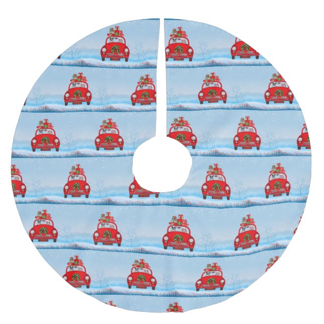 Boston Terrier Dog in Auto mit dem Weihnachtsmann Polyester Weihnachtsbaumdecke (Vorderseite)