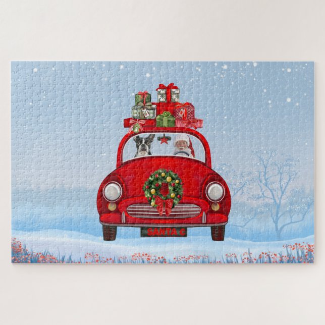 Boston Terrier Dog in Auto mit dem Weihnachtsmann Puzzle (Horizontal)