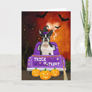 Boston Terrier Dog in Halloween Truck Karte