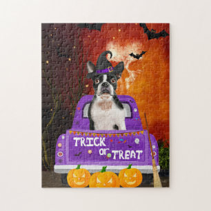 Boston Terrier Dog in Halloween Truck Puzzle