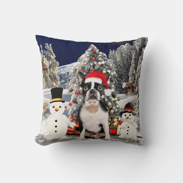 Boston Terrier Dog in Schnee Weihnachtsbeleuchtung Kissen (Vorderseite)