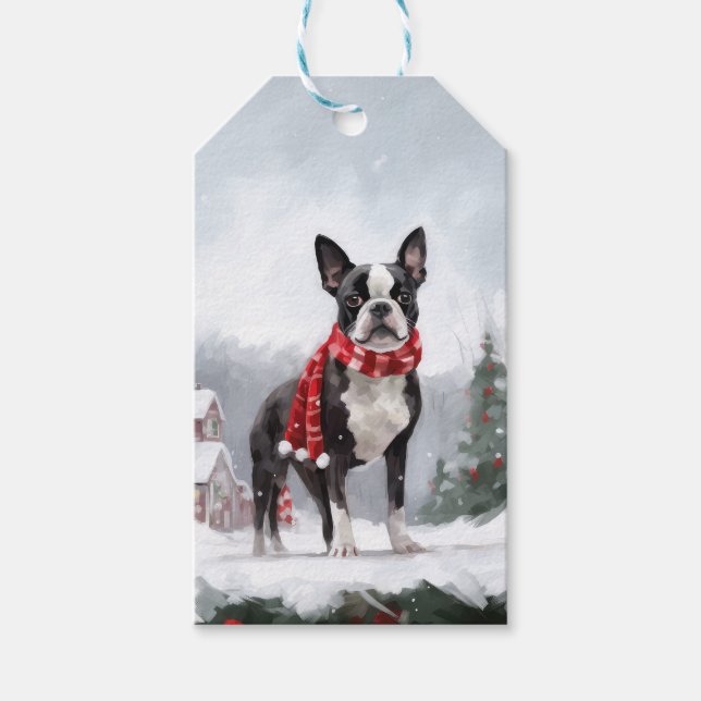 Boston Terrier Dog in Schneeweihen Geschenkanhänger (Vorderseite)
