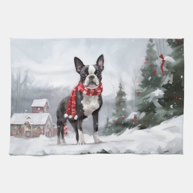 Boston Terrier Dog in Schneeweihen Geschirrtuch (Horizontal)