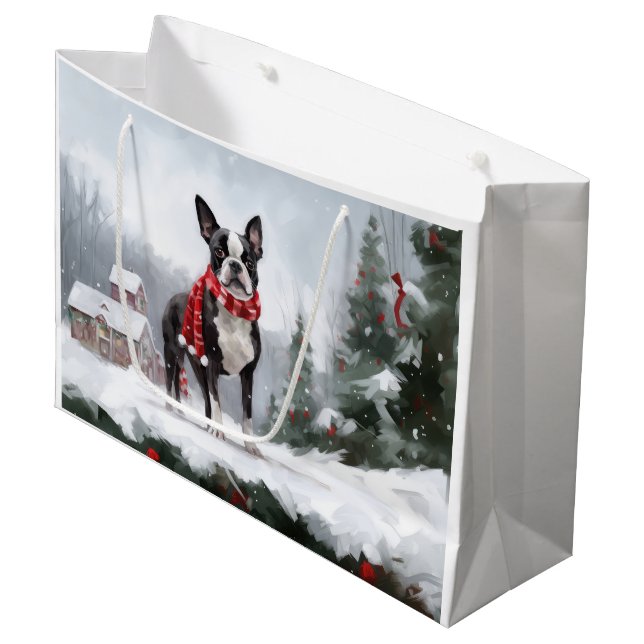 Boston Terrier Dog in Schneeweihen Große Geschenktüte (Vorderseite Schrägansicht)