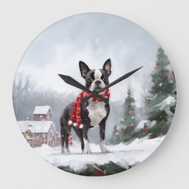Boston Terrier Dog in Schneeweihen Große Wanduhr (Vorderseite)