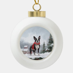 Boston Terrier Dog in Schneeweihen Keramik Kugel-Ornament