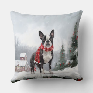 Boston Terrier Dog in Schneeweihen Kissen