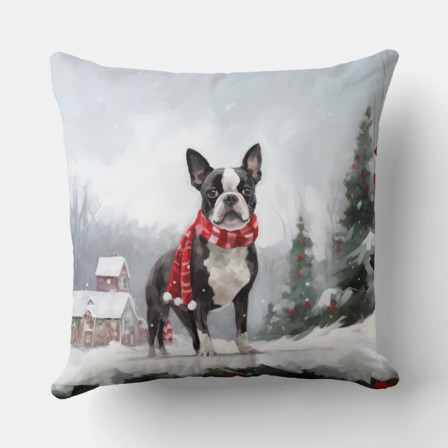 Boston Terrier Dog in Schneeweihen Kissen (Rückseite)