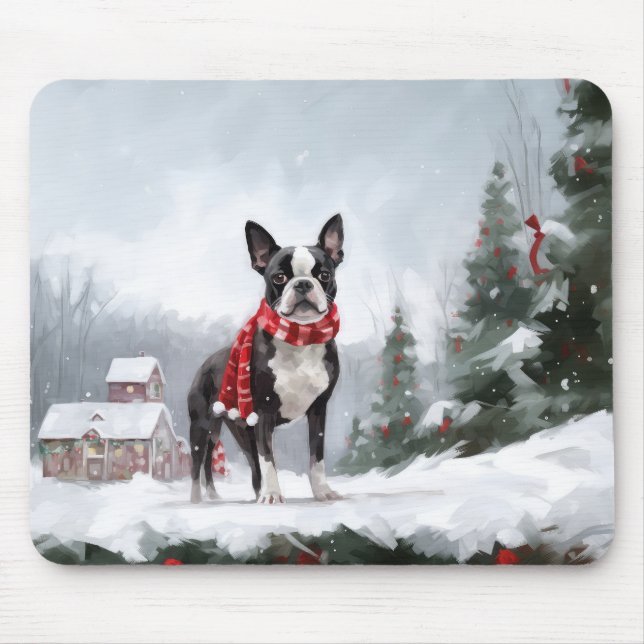 Boston Terrier Dog in Schneeweihen Mousepad (Vorne)