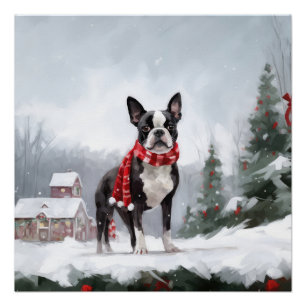 Boston Terrier Dog in Schneeweihen Poster