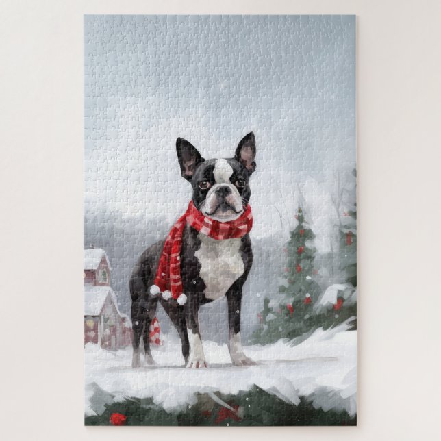 Boston Terrier Dog in Schneeweihen Puzzle (Vertikal)
