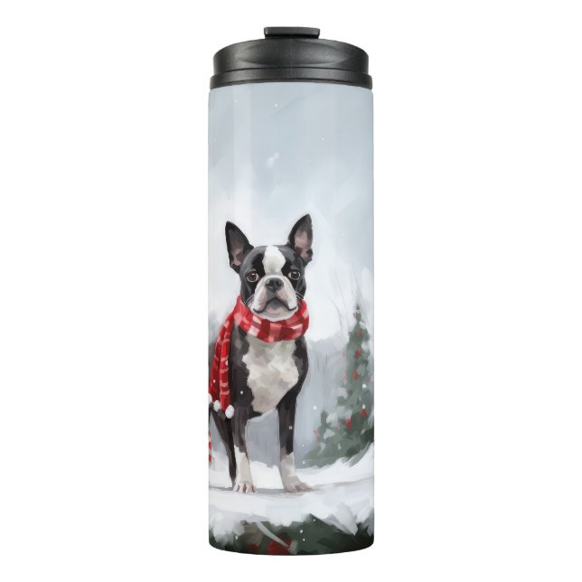Boston Terrier Dog in Schneeweihen Thermosbecher (Vorderseite)