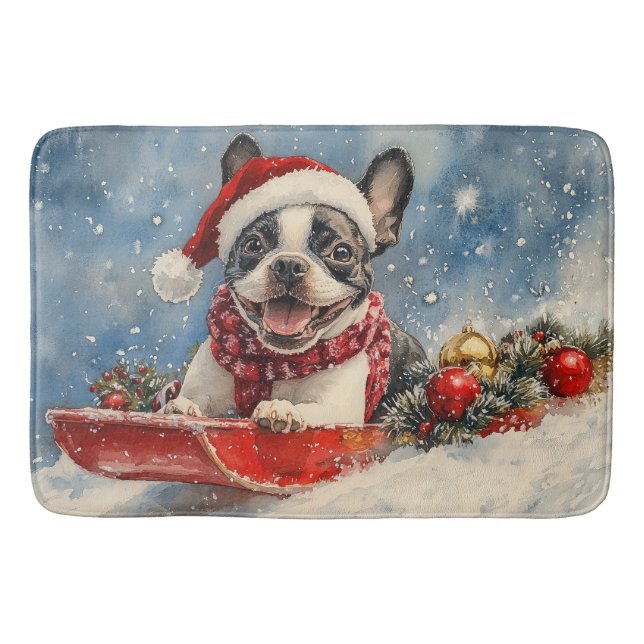 Boston Terrier Dog in Sledge Let it Snow Christmas Badematte (Vorderseite)