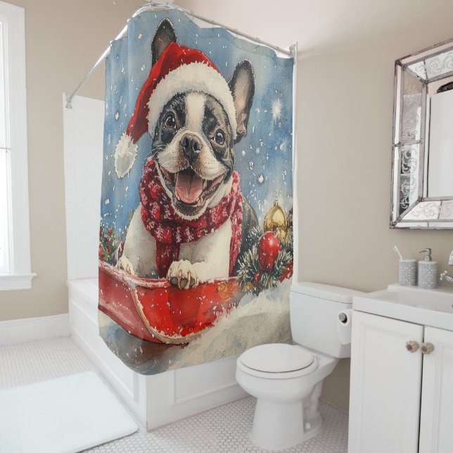 Boston Terrier Dog in Sledge Let it Snow Christmas Duschvorhang (Beispiel)