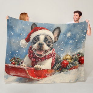 Boston Terrier Dog in Sledge Let it Snow Christmas Fleecedecke
