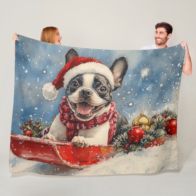 Boston Terrier Dog in Sledge Let it Snow Christmas Fleecedecke (Beispiel)