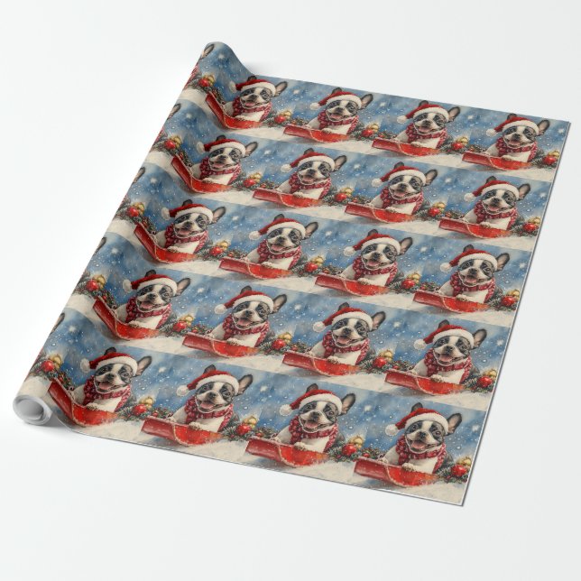 Boston Terrier Dog in Sledge Let it Snow Christmas Geschenkpapier (Ungerollt)