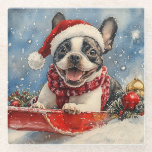Boston Terrier Dog in Sledge Let it Snow Christmas Glasuntersetzer