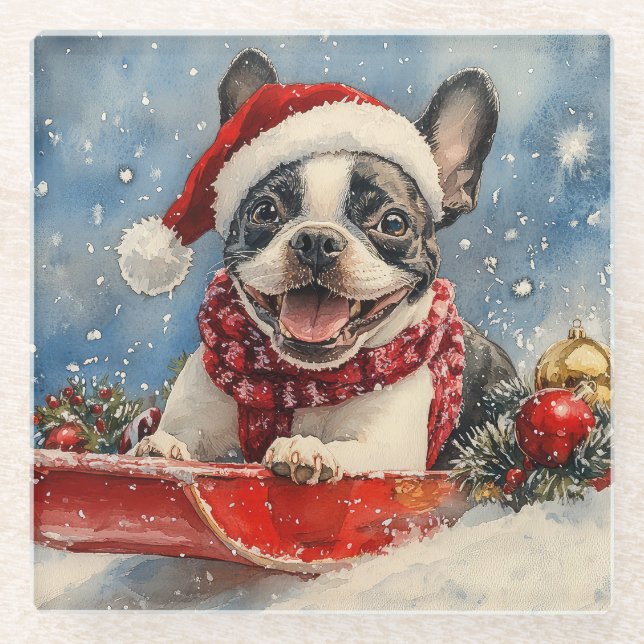 Boston Terrier Dog in Sledge Let it Snow Christmas Glasuntersetzer (Vorderseite)