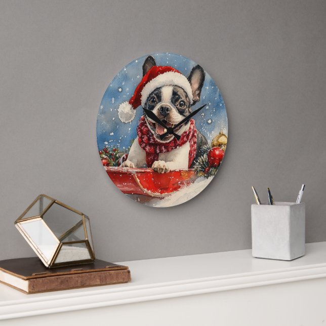 Boston Terrier Dog in Sledge Let it Snow Christmas Große Wanduhr (Büro)