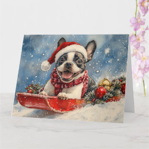 Boston Terrier Dog in Sledge Let it Snow Christmas Karte
