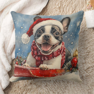Boston Terrier Dog in Sledge Let it Snow Christmas Kissen