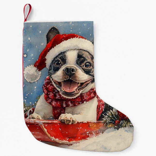 Boston Terrier Dog in Sledge Let it Snow Christmas Kleiner Weihnachtsstrumpf (Vorderseite)