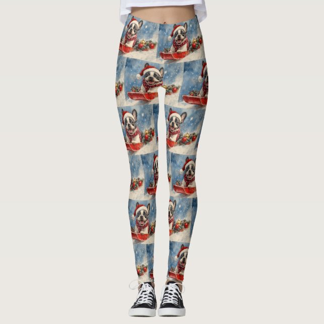 Boston Terrier Dog in Sledge Let it Snow Christmas Leggings (Vorderseite)