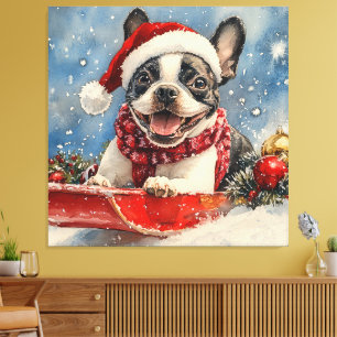 Boston Terrier Dog in Sledge Let it Snow Christmas Leinwanddruck