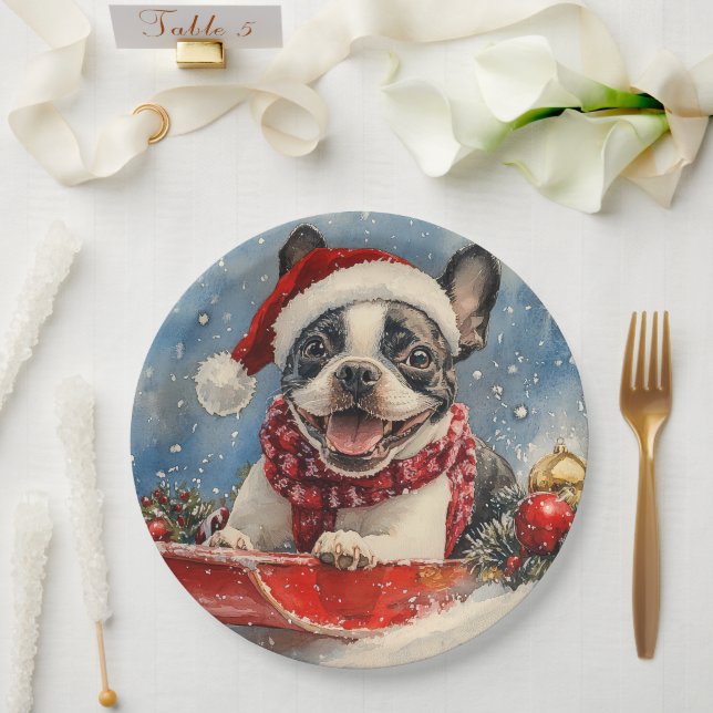 Boston Terrier Dog in Sledge Let it Snow Christmas Pappteller (Hochzeit)