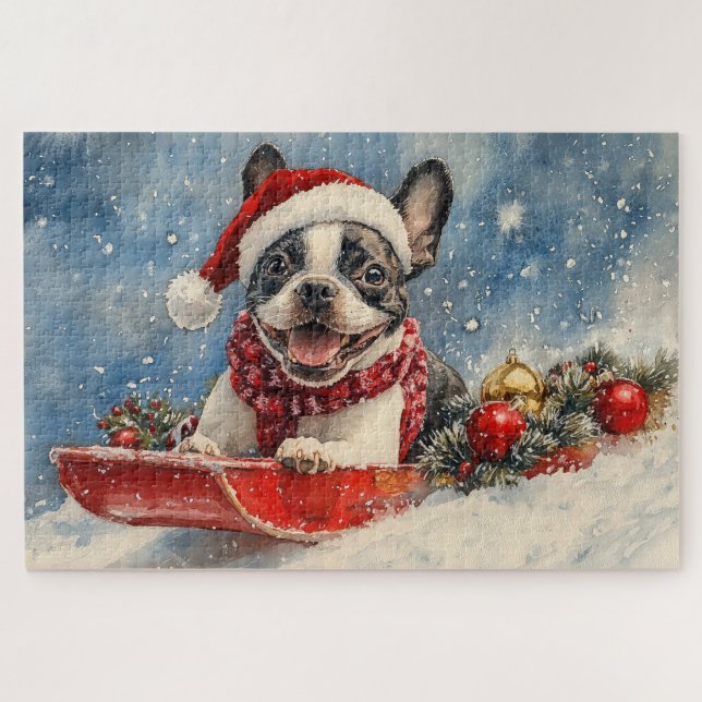 Boston Terrier Dog in Sledge Let it Snow Christmas Puzzle (Horizontal)