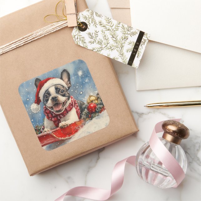 Boston Terrier Dog in Sledge Let it Snow Christmas Quadratischer Aufkleber (Schenken)