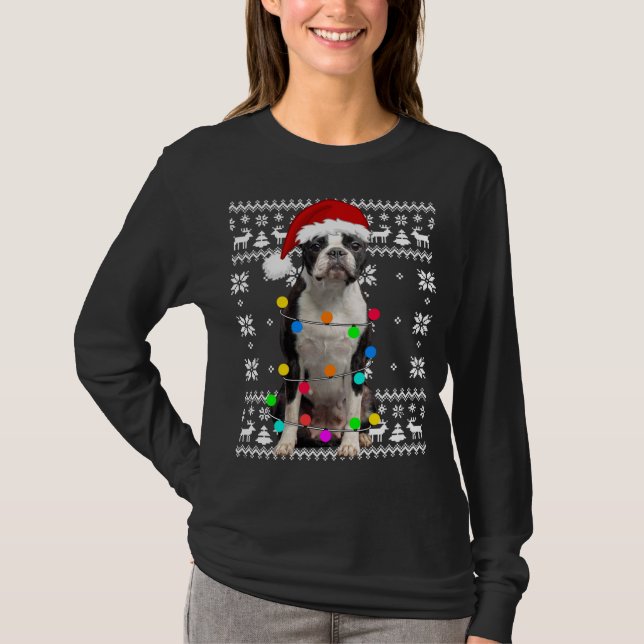 Boston Terrier Dog Lights Ugly Puppy Weihnachtsman T-Shirt (Vorderseite)