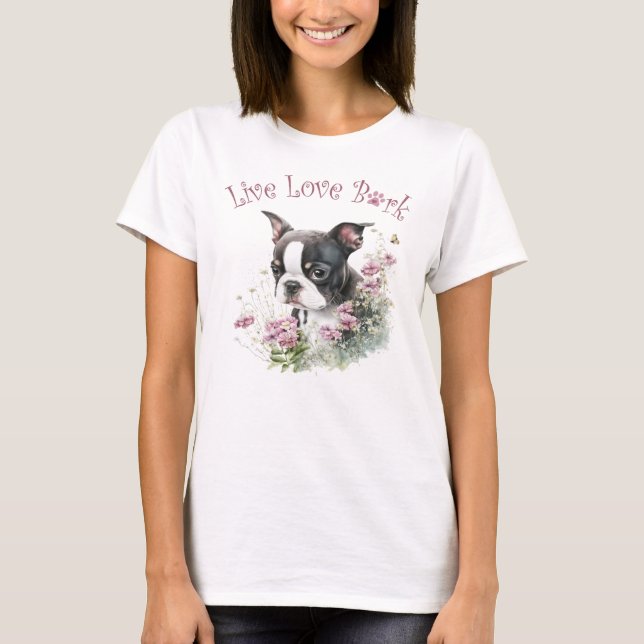 Boston Terrier Dog Mama Floral T-Shirt (Vorderseite)