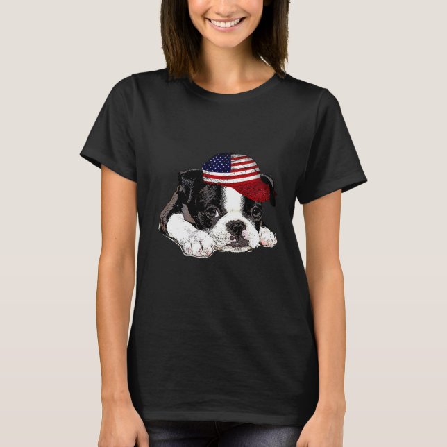 Boston Terrier Dog mit amerikanischer Flag Hat Pat T-Shirt (Vorderseite)