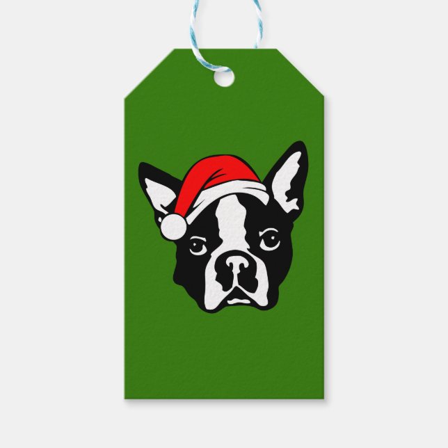 Boston Terrier Dog mit Weihnachts-Weihnachtsmannmü Geschenkanhänger (Vorderseite)