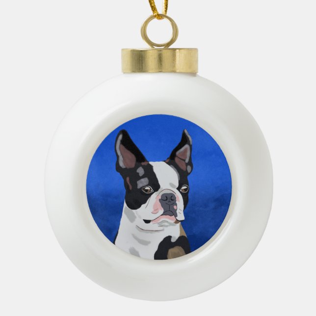 Boston Terrier Dog Oil Painting Art Portrait Keramik Kugel-Ornament (Vorderseite)