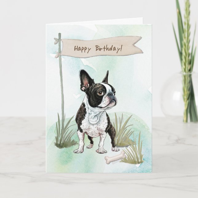 Boston Terrier Dog Outdoor under Birthday Sign Karte (Vorderseite)