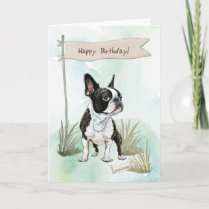 Boston Terrier Dog Outdoor under Birthday Sign Karte