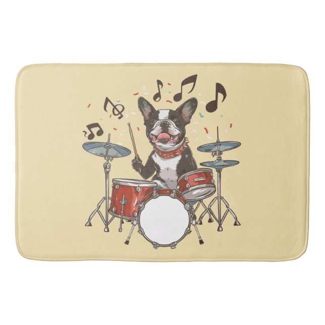 Boston Terrier Dog Playing Drums Badematte (Vorderseite)
