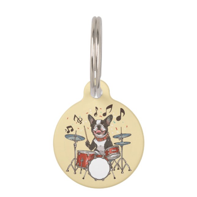 Boston Terrier Dog Playing Drums Haustiermarke (Vorderseite)