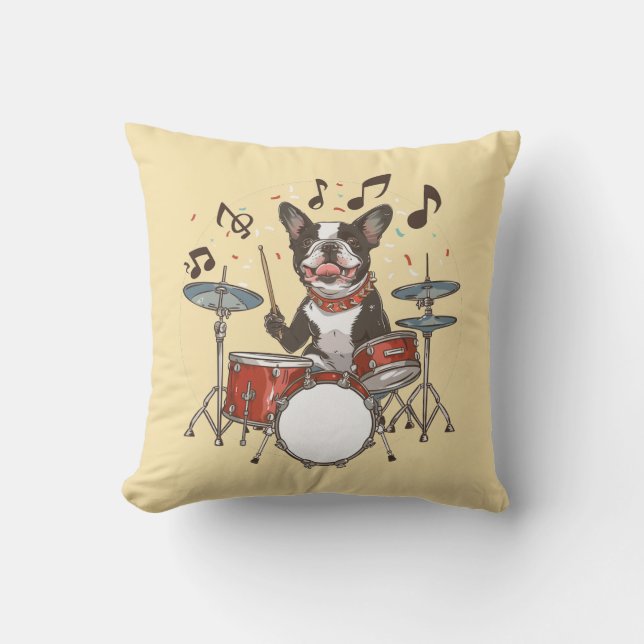 Boston Terrier Dog Playing Drums Kissen (Vorderseite)