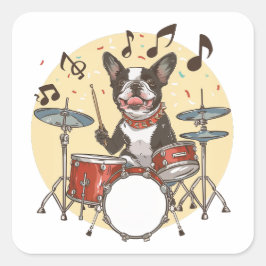 Boston Terrier Dog Playing Drums Quadratischer Aufkleber