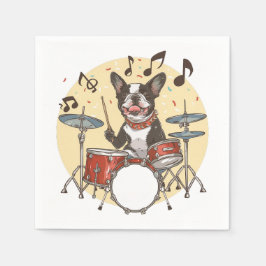 Boston Terrier Dog Playing Drums Serviette